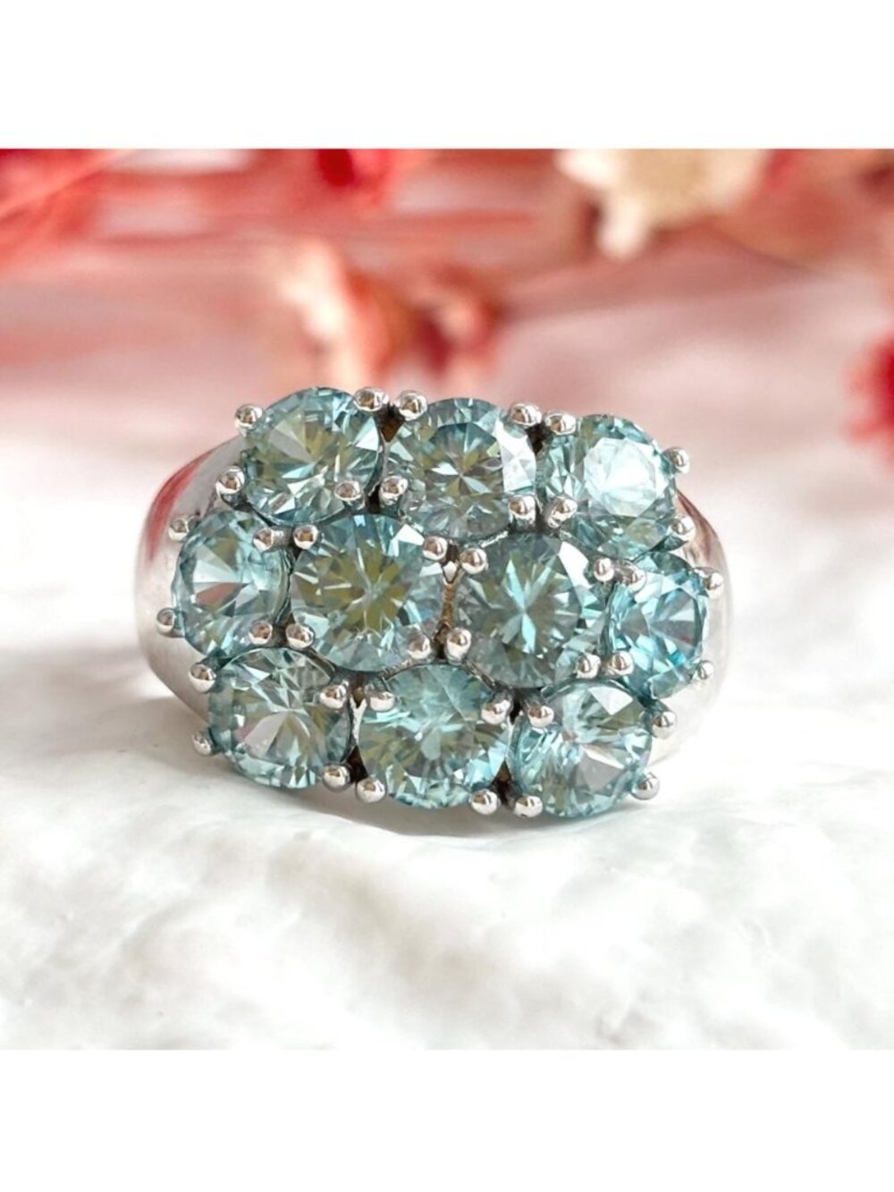Blue Topaz Cluster Round Cut Gemstone Sterling Silver 925 Vintage Ring - sz 7.75